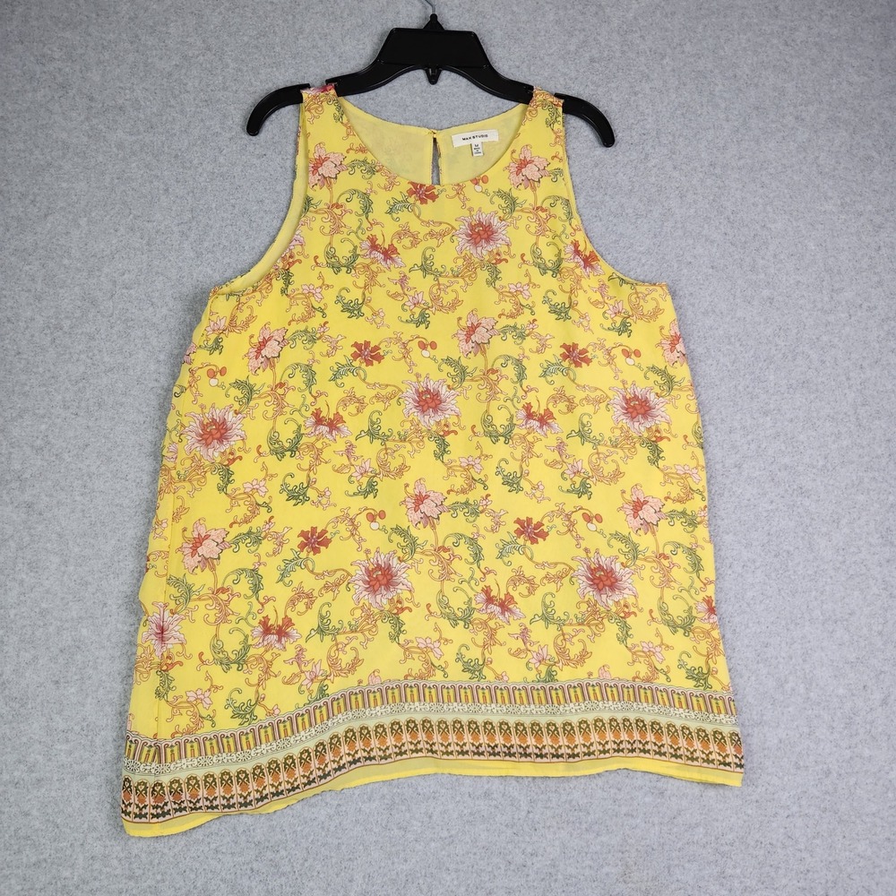 Max Studio Tank Top Womens Medium Yellow Floral Boho Chiffon Back Keyhole Button